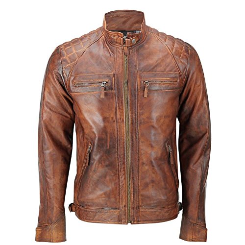 Men’s Biker Quilted Classic Vintage Distressed Brown Leather Jacket ...